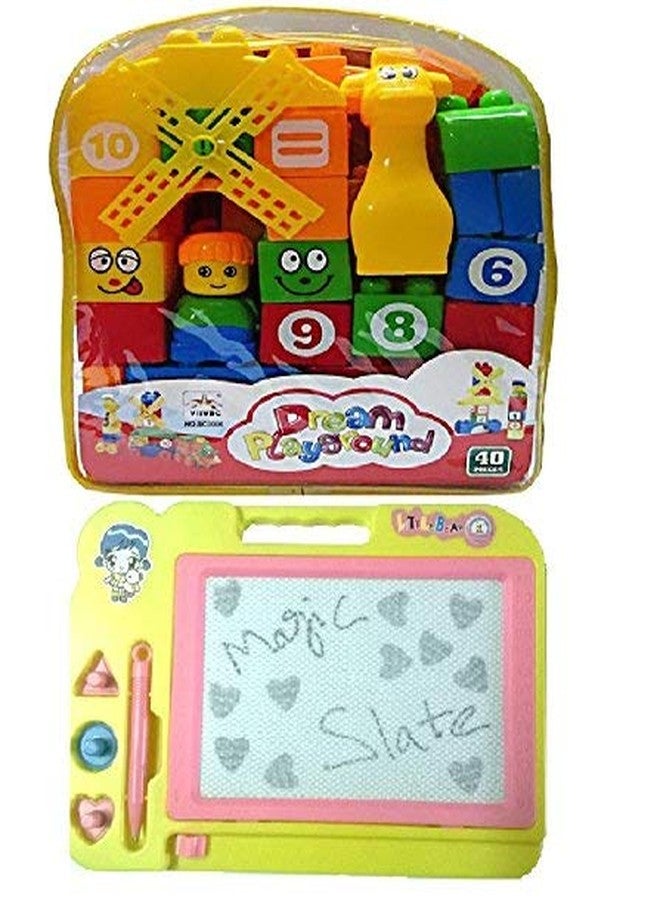 ANG Combo of 40 Pcs Learning Blocks for Kids with Cartoon Figures, Bag Packing with Educational Magic Slate for Kids - Image 1